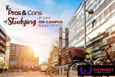 A modern campus apartment building with bicycles parked outside during sunset.